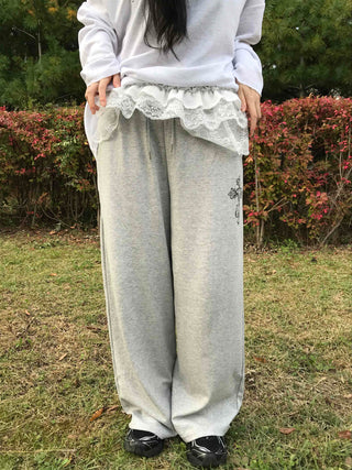 Lace Trim Wide Sweatpants