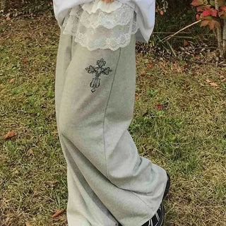Lace Trim Wide Sweatpants