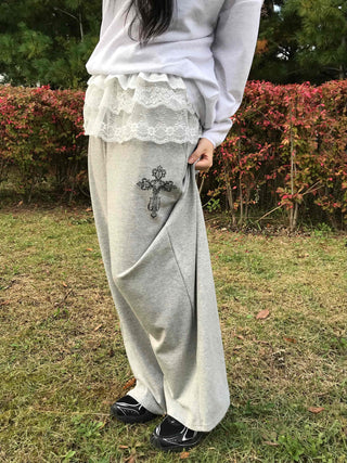 Lace Trim Wide Sweatpants