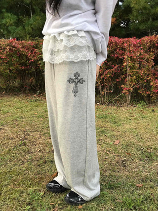 Lace Trim Wide Sweatpants