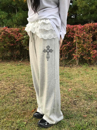 Lace Trim Wide Sweatpants
