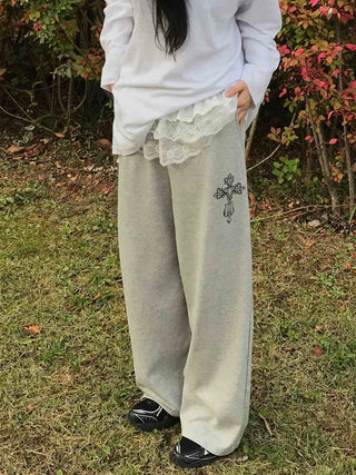 Lace Trim Wide Sweatpants