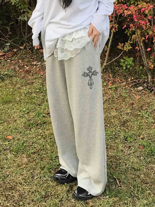 Lace Trim Wide Sweatpants