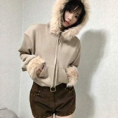 Fur-Trimmed Rib Knit Short Zip-Up Hoodie