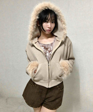 Fur-Trimmed Rib Knit Short Zip-Up Hoodie