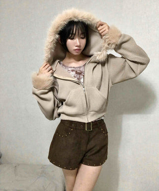 Fur-Trimmed Rib Knit Short Zip-Up Hoodie