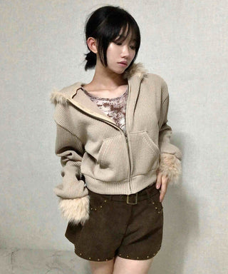 Fur-Trimmed Rib Knit Short Zip-Up Hoodie