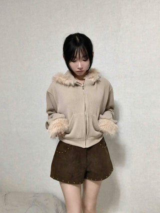 Fur-Trimmed Rib Knit Short Zip-Up Hoodie