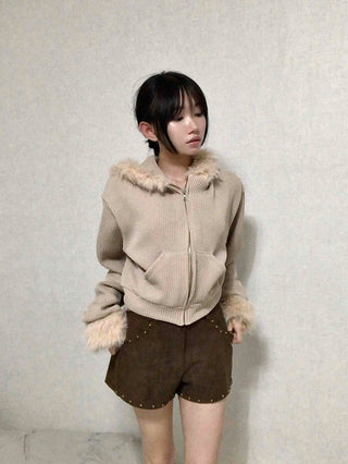 Fur-Trimmed Rib Knit Short Zip-Up Hoodie