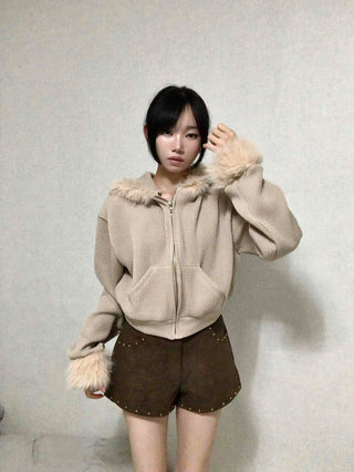 Fur-Trimmed Rib Knit Short Zip-Up Hoodie