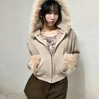 Fur-Trimmed Rib Knit Short Zip-Up Hoodie