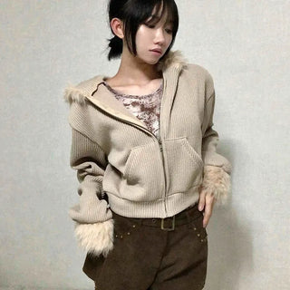 Fur-Trimmed Rib Knit Short Zip-Up Hoodie