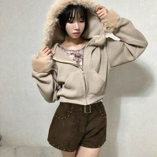 Fur-Trimmed Rib Knit Short Zip-Up Hoodie
