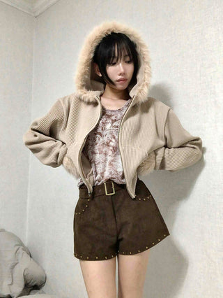 Fur-Trimmed Rib Knit Short Zip-Up Hoodie