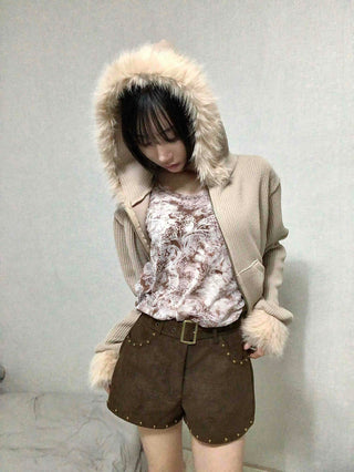 Fur-Trimmed Rib Knit Short Zip-Up Hoodie