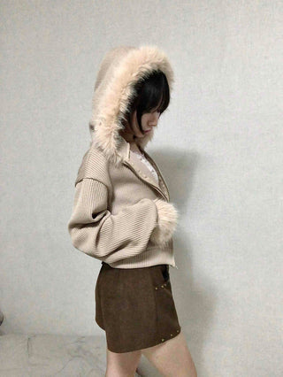 Fur-Trimmed Rib Knit Short Zip-Up Hoodie