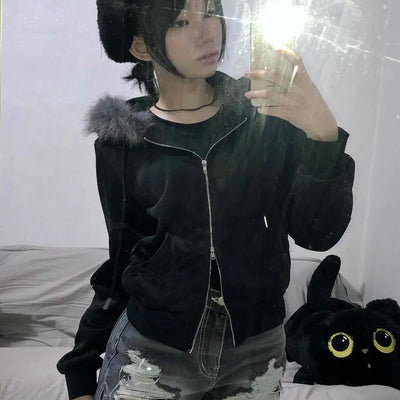 Fur Hood Slit Cropped Oversized Velvet Zip-up