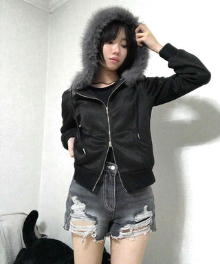 Fur Hood Slit Cropped Oversized Velvet Zip-up