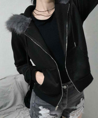 Fur Hood Slit Cropped Oversized Velvet Zip-up