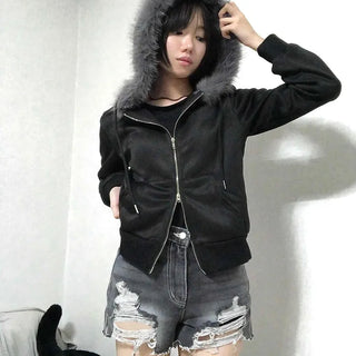 Fur Hood Slit Cropped Oversized Velvet Zip-up