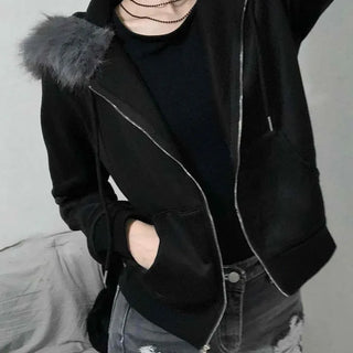 Fur Hood Slit Cropped Oversized Velvet Zip-up