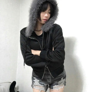 Fur Hood Slit Cropped Oversized Velvet Zip-up