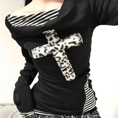 Leopard Cross Lettering Stripe Color Block Round Long Sleeve Tee