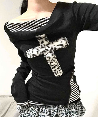Leopard Cross Lettering Stripe Color Block Round Long Sleeve Tee