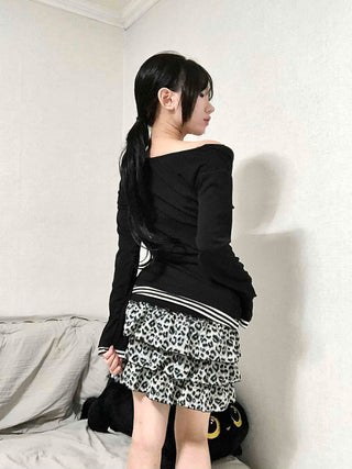 Leopard Cross Lettering Stripe Color Block Round Long Sleeve Tee