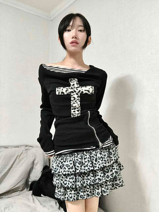Leopard Cross Lettering Stripe Color Block Round Long Sleeve Tee