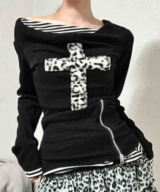 Leopard Cross Lettering Stripe Color Block Round Long Sleeve Tee