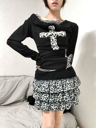 Leopard Cross Lettering Stripe Color Block Round Long Sleeve Tee