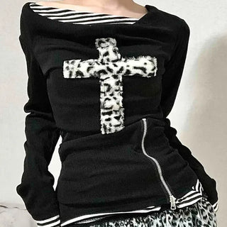 Leopard Cross Lettering Stripe Color Block Round Long Sleeve Tee