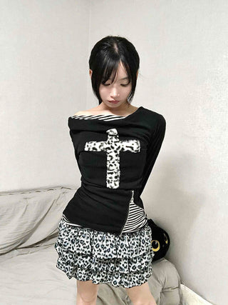 Leopard Cross Lettering Stripe Color Block Round Long Sleeve Tee
