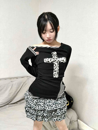 Leopard Cross Lettering Stripe Color Block Round Long Sleeve Tee