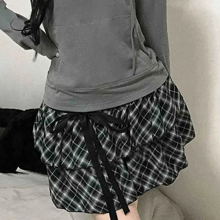 Drawstring Shirred Check Balloon Mini Skirt