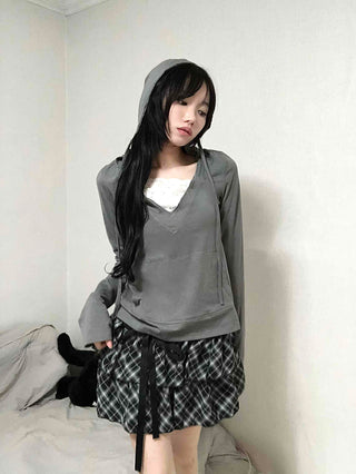 Drawstring Shirred Check Balloon Mini Skirt