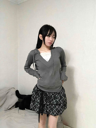 Drawstring Shirred Check Balloon Mini Skirt