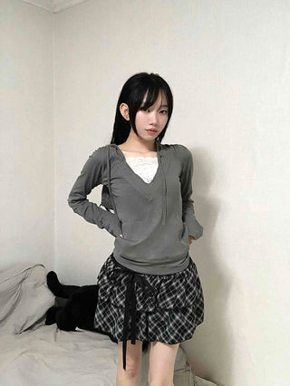 Drawstring Shirred Check Balloon Mini Skirt