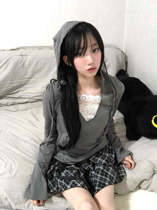 Drawstring Shirred Check Balloon Mini Skirt