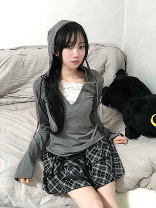 Drawstring Shirred Check Balloon Mini Skirt