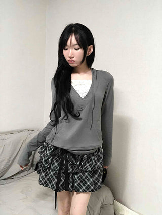 Drawstring Shirred Check Balloon Mini Skirt