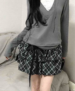 Drawstring Shirred Check Balloon Mini Skirt
