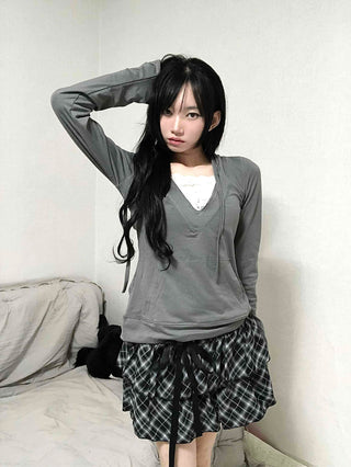 Drawstring Shirred Check Balloon Mini Skirt