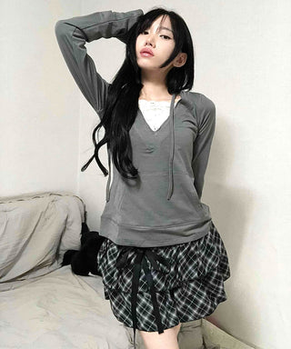 Drawstring Shirred Check Balloon Mini Skirt