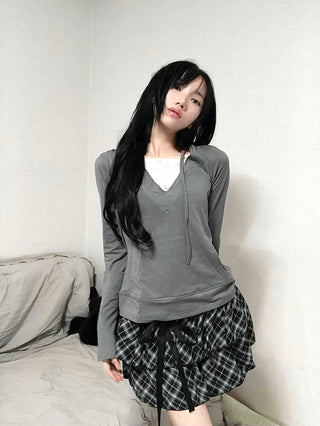 Drawstring Shirred Check Balloon Mini Skirt