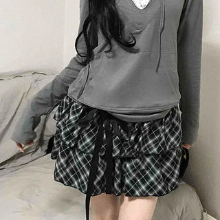 Drawstring Shirred Check Balloon Mini Skirt