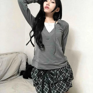 Drawstring Shirred Check Balloon Mini Skirt