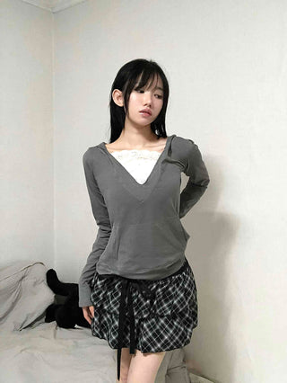 Drawstring Shirred Check Balloon Mini Skirt