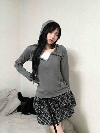 Drawstring Shirred Check Balloon Mini Skirt